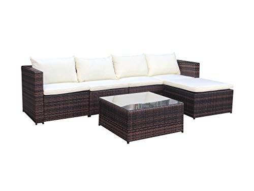 EVRE Rattan Outdoor Garden Furniture Set Miami Sofa Coffee Table, Foot Stool Rattan (Brown)