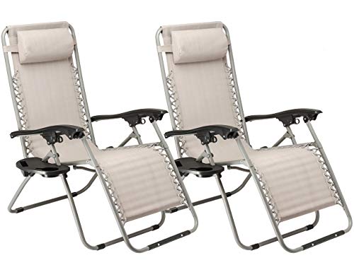 SUNMER Set of 2 Sun Lounger Garden Chairs With Cup And Phone Holder | Deck Folding Recliner Zero Gravity Outdoor Chair - Grey