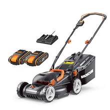 Load image into Gallery viewer, WORX 40V Cordless 34cm Lawn Mower WG779E with 2 x 2.5Ah Batteries &amp; Dual Port Charger, Cutting Height 20-70mm Powershare 30L Grass Bag Cutting Width Up to 280m²
