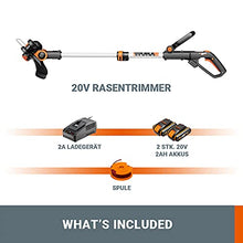 Load image into Gallery viewer, WORX 20V Cordless Grass Trimmer WG163E.3 with Fast Charger, 2 x 2,0Ah Batteries, PowerShare, 2-in-1 Grass Trimmer/Edger, 90° Head pivots, Command Feed System
