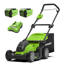 Load image into Gallery viewer, greenworks Cordless Lawnmower G40LM41K2X (Li-Ion 40 V 41cm Cutting Width up to 600msq 2in1 Mulching &amp; Mowing 50 l Grass Bag 5-level Central Cutting Height Adjustment Incl. 2 Battery 2Ah &amp; Charger
