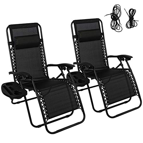 Sun Lounger Set of 2, Folding Recliner Zero Gravity Garden Chair with Cup Phone Holder and Adjustable Head Pillow - Outdoor Chair for Garden Patio (black)