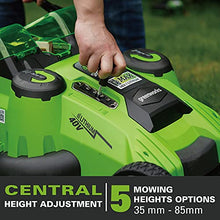 Load image into Gallery viewer, Greenworks battery-powered lawnmower double blade G40LM49DB (Li-Ion 40V 49cm cutting width up to 400m² 2in1 mulching &amp; mowing, 5-fold central cutting height adjustment without battery &amp; charger)
