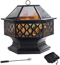 Load image into Gallery viewer, GRANDMA SHARK Fire Pit for Outdoor Garden Patio, Hex Metal Fire Bowl with Spark Protection Mesh, Extra includes Poker and Cover (Black)
