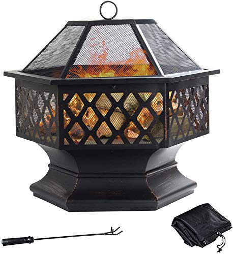 GRANDMA SHARK Fire Pit for Outdoor Garden Patio, Hex Metal Fire Bowl with Spark Protection Mesh, Extra includes Poker and Cover (Black)