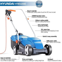 Load image into Gallery viewer, Hyundai Electric Lawnmower, 1000w/240v, 320mm Cutting Width, 25l Collection Bag, 3 Adjustable Cutting Heights, 10m Power Cable &amp; 3 Year Warranty
