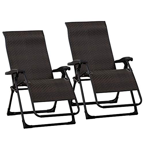 Outsunny Set of 2 Rattan Sun Lounger Zero Gravity Patio Rattan Deck Chairs Folding Recliner Indoor Outdoor Back Adjustable Chair Brown