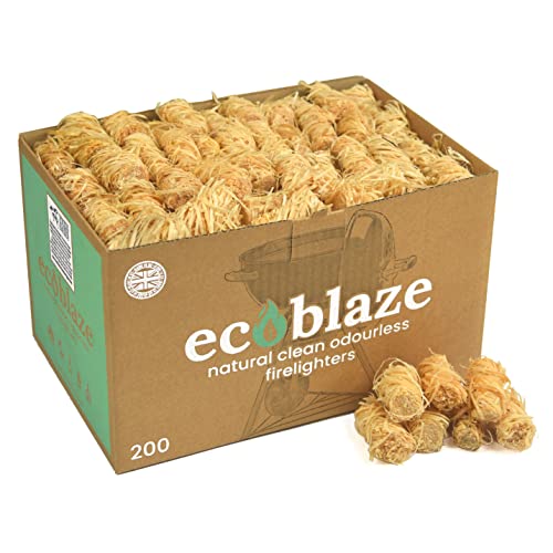 Ecoblaze Natural Firelighters, 200 Wood Wool Fire Lighters for Wood & Log Burners, BBQ & Pizza Oven Firestarters - Safe, Clean & Odourless Wax Coated Instant Spruce Fire Starters - 200 Box