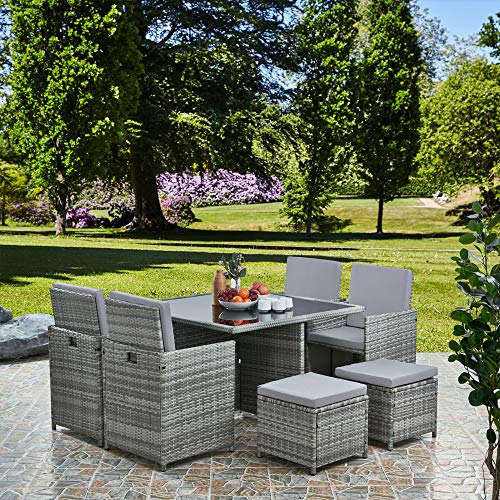 RayGar Deluxe 9 Piece 8 Seater Rattan Cube Dining Table Garden Furniture Patio Set (Grey/Grey)