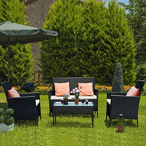 bigzzia Rattan Garden Furniture Set, 4 piece Patio Rattan furniture sofa Weaving Wicker includes 2 Armchairs,1 Double seat Sofa and 1 table